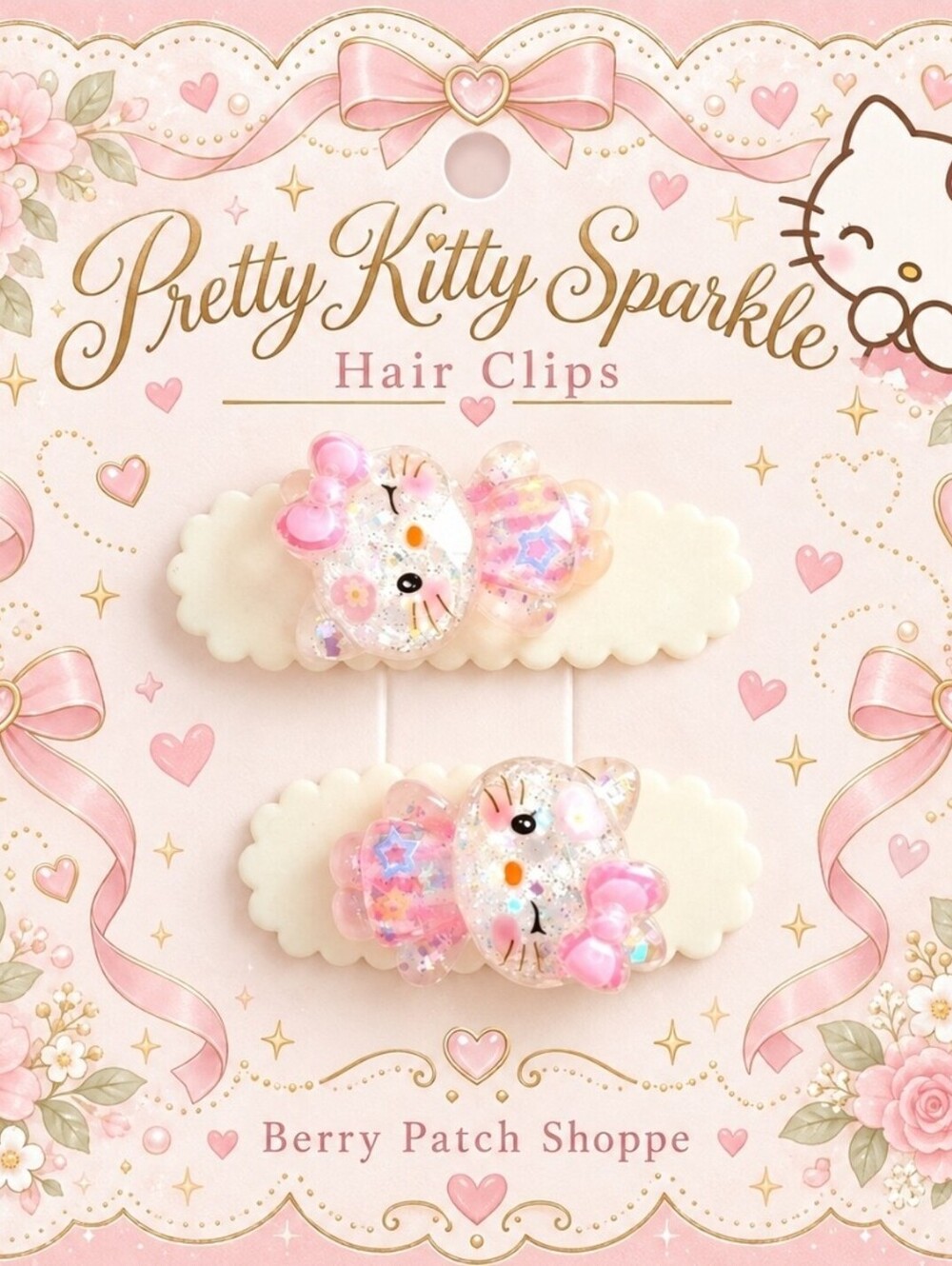 Sanrio Hello Kitty Pretty glitter & Bows Clips Barrettes Handmade New